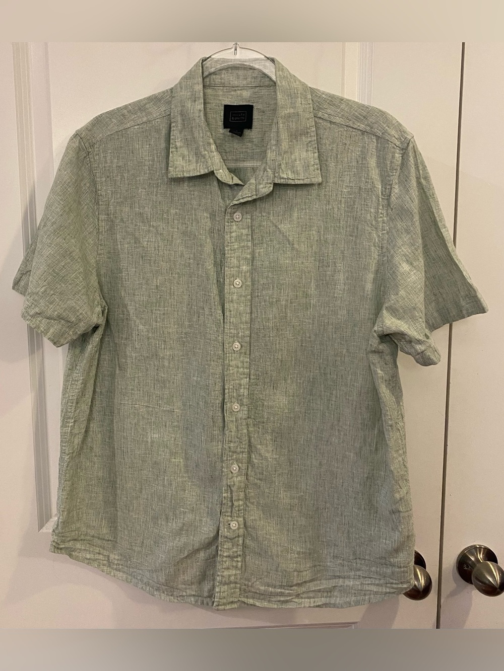 14th & Union Short Sleeve Button Up Shirt Sz L Heathered Green Linen/Cotton
